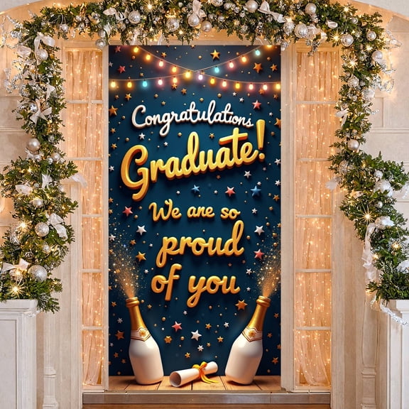 Gold Lettering Graduation Banner Star Decor Congratulation Display Champagne Bottle Design Diploma  Graduate Backdrop for Graduation Ceremony Grad Party Photo Backdrop