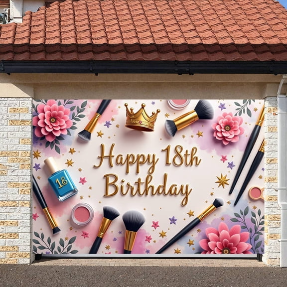Gold Lettering Happy 18th Birthday Banner Floral Decor 18th Birthday Display Makeup Elements Crown Design Teen Birthday Backdrop for 18th Birthday Party Girls Celebration Photo Shoot