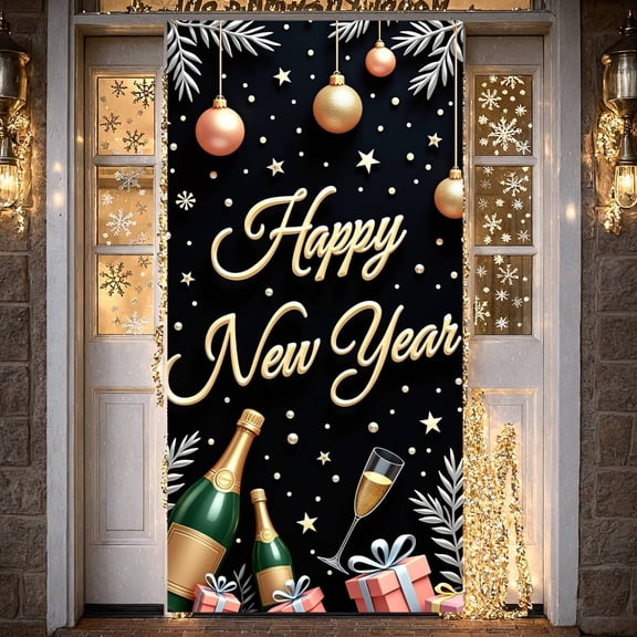 Gold Lettering Happy New Year Banner Black Background Festive Backdrop Champagne Bottle Design Gift Box Pattern Celebration Display for New Year Party Holiday Celebration Indoor Decoration