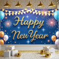 thumbnail image 1 of Gold Lettering Happy New Year Banner Blue Background New Year Banner Firework Design Balloon Decoration Celebration Banner for New Year Party Home Celebration Indoor Decoration, 1 of 9
