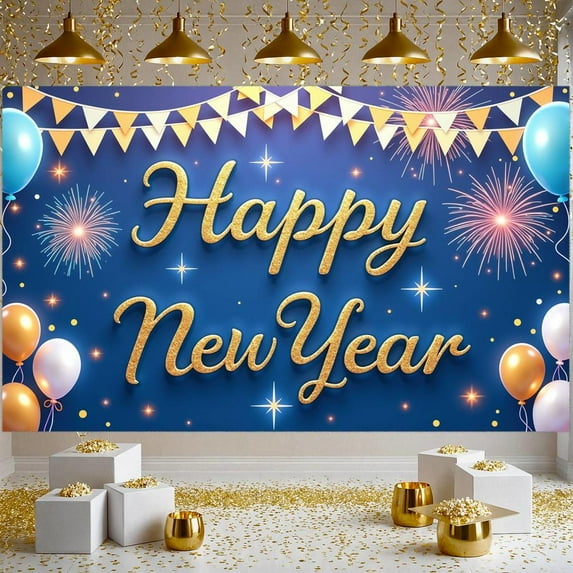 Gold Lettering Happy New Year Banner Blue Background New Year Banner Firework Design Balloon Decoration Celebration Banner for New Year Party Home Celebration Indoor Decoration