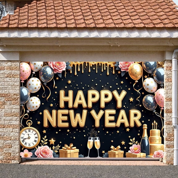 Gold Lettering Happy New Year Banner Colorful Balloons New Year Display Star Decorations Gift Boxes Festive Backdrop for New Year Party Holiday Celebration Indoor Decoration