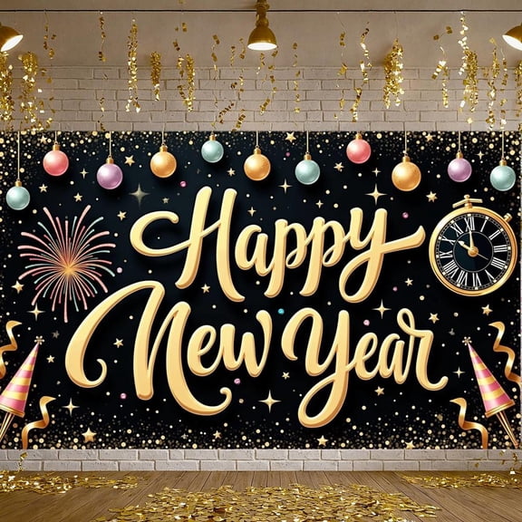Gold Lettering Happy New Year Banner Colorful Ornaments New Year Banner Firework Design Star Pattern Holiday Banner for New Year Eve Holiday Party Indoor Decoration