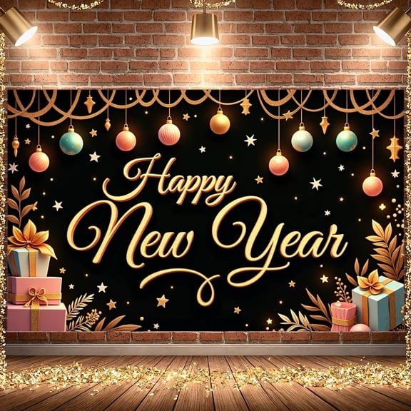 Gold Lettering Happy New Year Banner Colorful Ornaments New Year Banner Star Decor Gift Box Design Holiday Banner for New Year Party Christmas Celebration Indoor Decoration