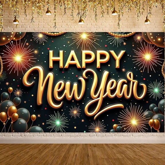 Gold Lettering Happy New Year Banner Firework Design New Year Display Balloon Decor Black Background Festive Backdrop for New Year Party Holiday Celebration Family Gathering