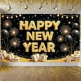 thumbnail image 1 of Gold Lettering Happy New Year Banner Firework Design New Year Display Black Balloons Gift Boxes Festive Backdrop for New Year Party Holiday Celebration New Year Eve, 1 of 9