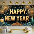 thumbnail image 1 of Gold Lettering Happy New Year Banner Firework Design New Year Display Star Pattern Champagne Elements Festive Backdrop for New Year Party Holiday Celebration Indoor Decoration, 1 of 9