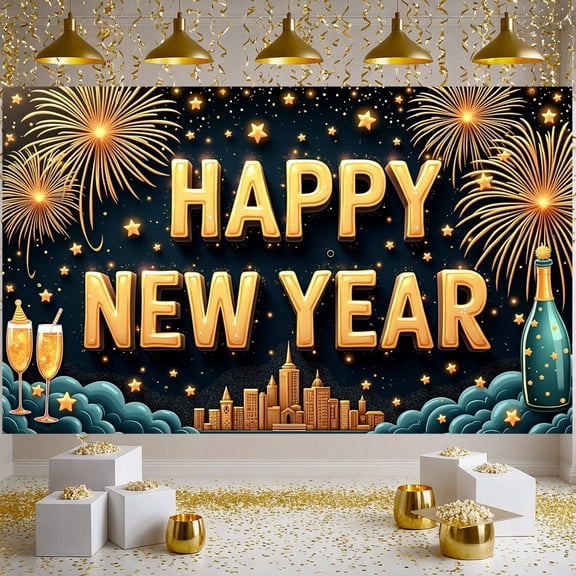 Gold Lettering Happy New Year Banner Firework Design New Year Display Star Pattern Champagne Elements Festive Backdrop for New Year Party Holiday Celebration Indoor Decoration