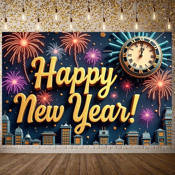 Gold Lettering Happy New Year Banner Fireworks Design New Year Banner Clock Cityscape Pattern Holiday Banner for New Year Party New Year's Eve Celebration Holiday Decoration