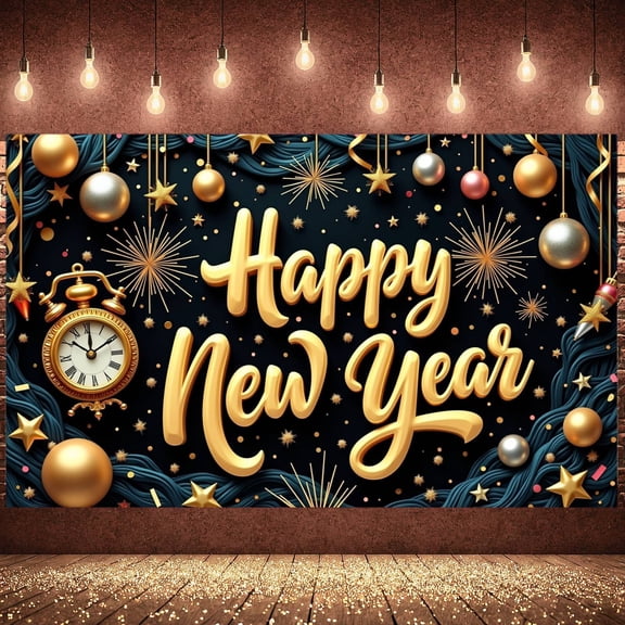 Gold Lettering Happy New Year Banner Navy Blue Background New Year Banner Christmas Ball Decor Star Pattern Holiday Banner for New Year Party Family Gathering Indoor Decoration