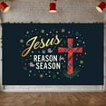 thumbnail image 1 of Gold Lettering Jesus Banner Red Plaid Cross Christian Banner Snowflake Decor Star Pattern Christmas Banner for Christmas Celebration Church Event Christian Gathering, 1 of 7