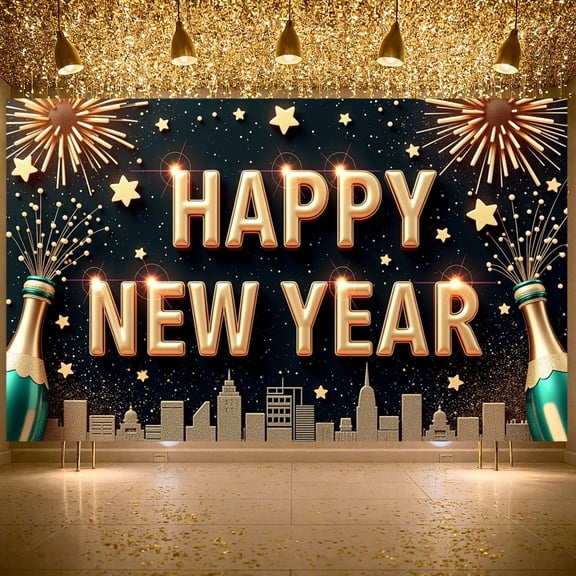 Gold Letters Happy New Year Banner Fireworks Design New Year Display Star Decorations Champagne Bottle Elements Festive Backdrop for New Year Party Holiday Celebration Indoor Decoration