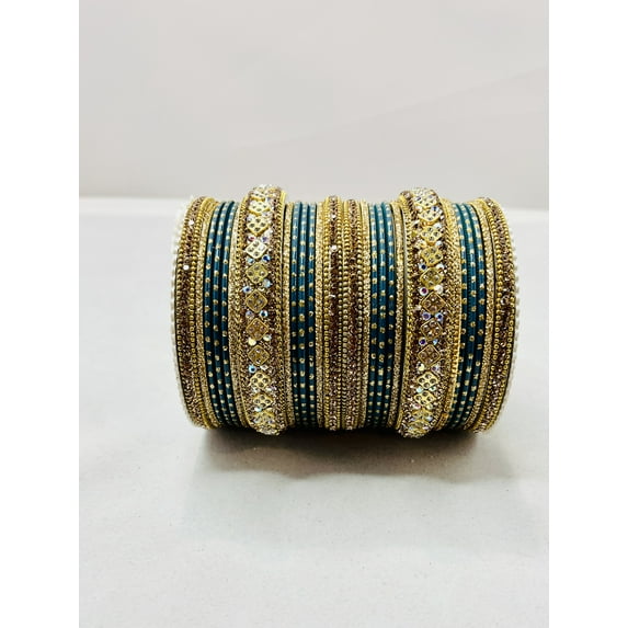 Gold & Light Blue Color Rhinestone Bangles