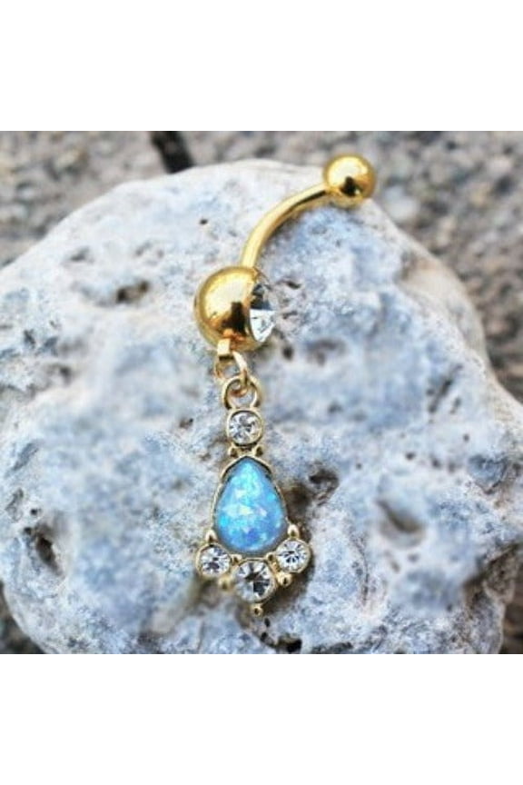 Gold Light Blue Tear Drop Synthetic Opal Dangle Navel Ring