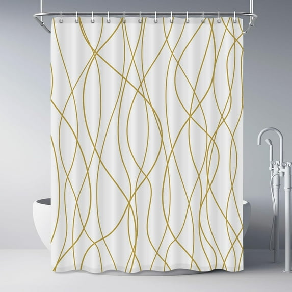 Gold Light Brown and White Striped Fabric Shower Curtain for Bathroom with 12 Hooks, Extra Long Shower Curtains for Bathroom 84 Inches Long, Weighted Hem,Waterproof Bath Accessories