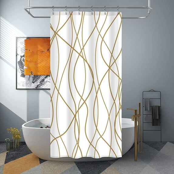 Gold Light Brown and White Striped Fabric Shower Curtain for Bathroom with 8 Hooks, Shower Curtains Decoration 36x72 Inch with Hooks Weighted Hem,Waterproof Bath Accessories Hotel Style