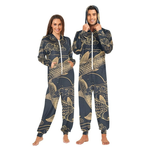 Gold Line Fish Adult Onesie Pajamas Slim Fit Christmas One Piece Suit Pjs for Women and Men Hooded Zipper