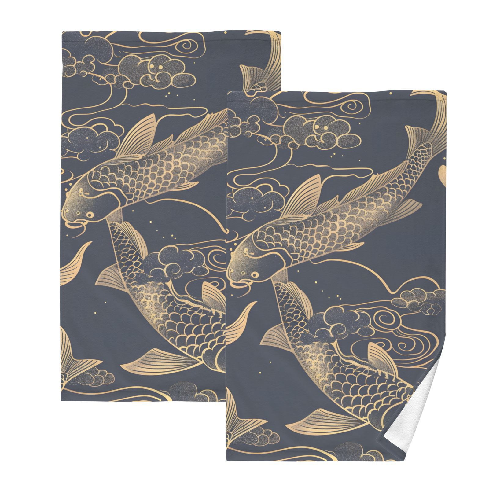Gold Line Fish Hand Towels Cotton Bath Towels Large Face Towels Absorbent for Bathroom 2 Packs