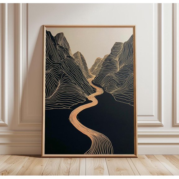 Gold Line Mountain River Poster Minimalist Abstract Landscape
