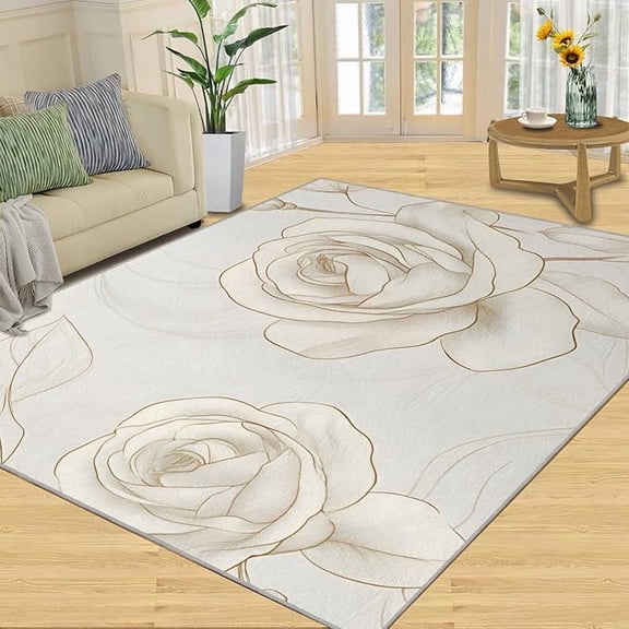 Gold Line Rose Area Rug, Gold Floral Rugs for Bedroom, Romantic Floral Rugs for Living Room, Indoor Non-Slip Rug, Machine Washable Carpet for Front Entrance Floor Decor 5 x 8ft