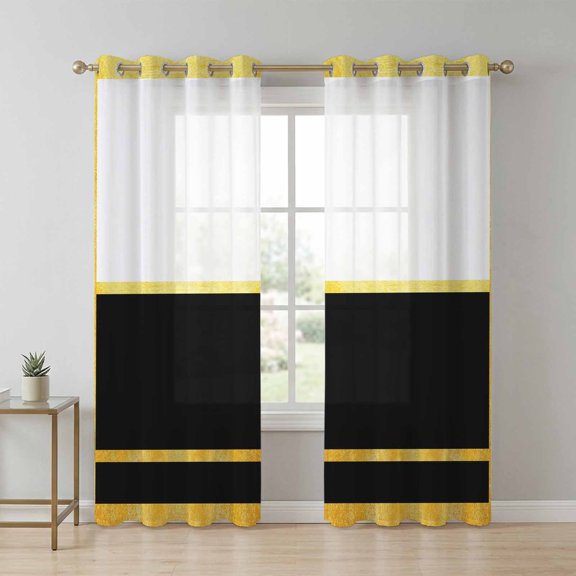 Gold Line Sheer Curtains 96 Inch Long 2 Panels, Black Color Block Rectangular Geometric Modern Light Filtering Semi Sheer Drapes Grommet Voile Window Curtain for Living Bedroom W52 x L96