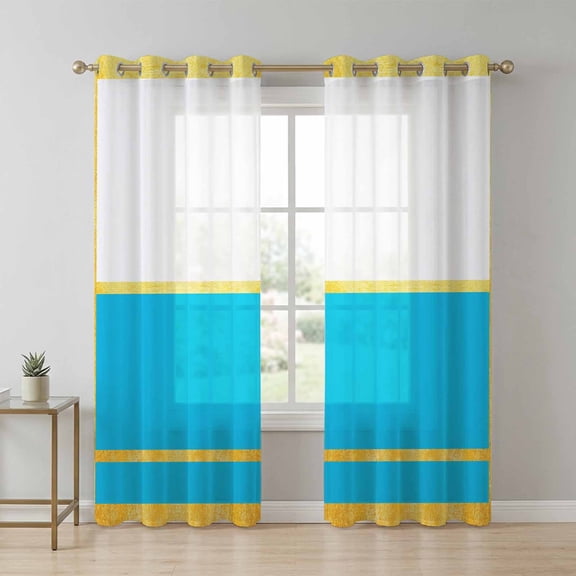 Gold Line Sheer Curtains 96 Inch Long 2 Panels, Blue Color Block Rectangular Geometric Modern Light Filtering Semi Sheer Drapes Grommet Voile Window Curtain for Living Bedroom W52 x L96