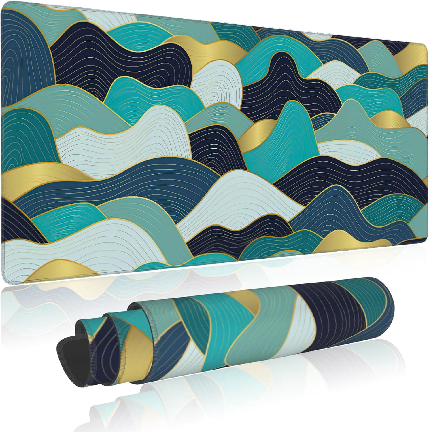 Gold Line Wave Large Mouse Pad Extended Gaming Desk Mat with Stitched Edges and NonSlip Rubber Base, Ideal Keyboard Pad for Laptop Computer PC, 35.4 x 15.7 inches, Stylish and Functional