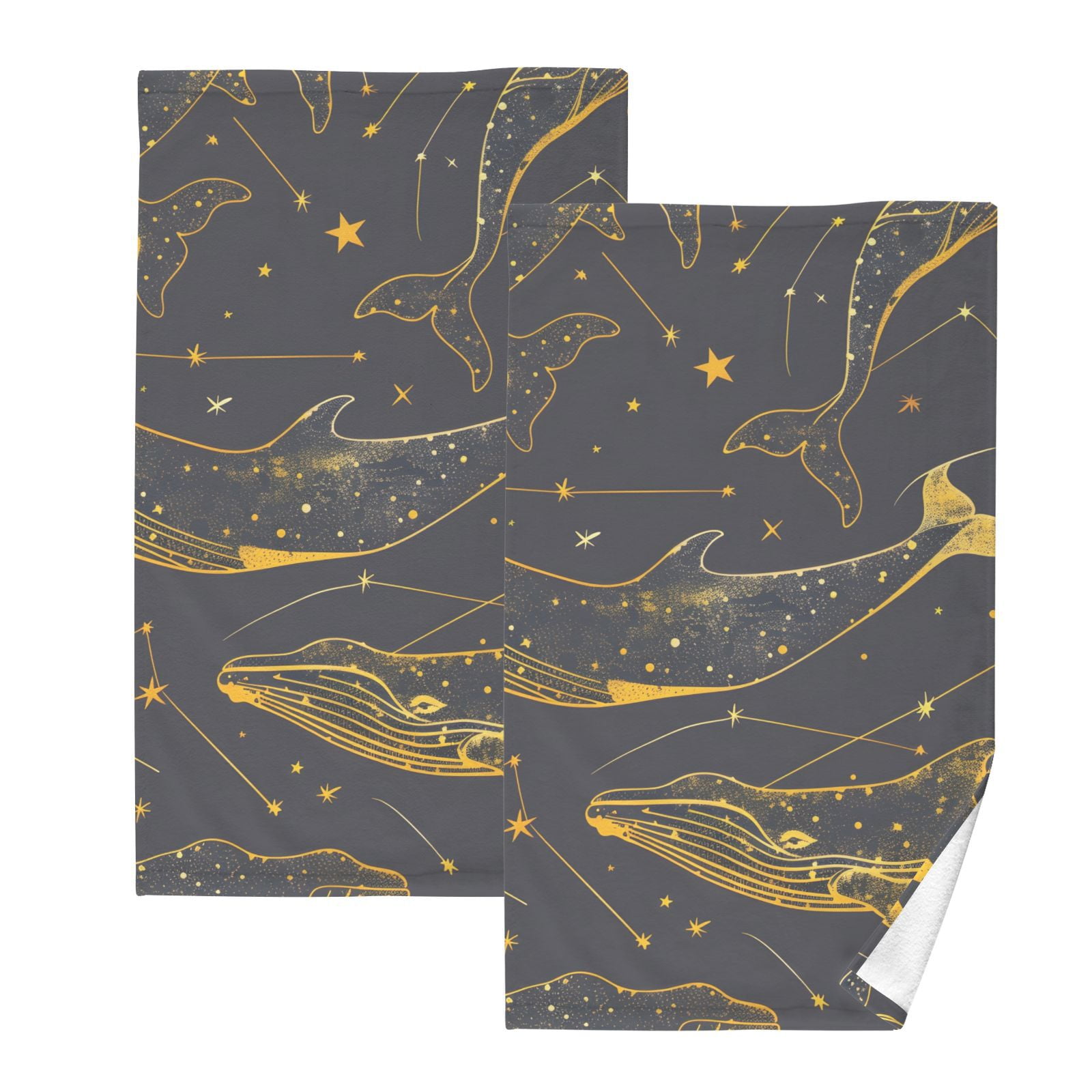 Gold Line Whale Hand Towels Cotton Bath Towels Large Face Towels Absorbent for Bathroom 2 Packs