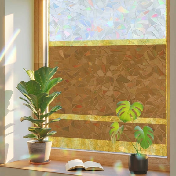 Gold Line Window Privacy Film, Brown Color Block Rectangular Geometric Modern Stained Glass Rainbow Film Decorative Window Clings, Static Cling Sun Blocking Stickers 23.6" x 59"