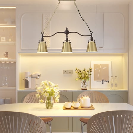 Gold Linear Chandelier with Flared Shades - Adjustable 3-Light Kitchen Island & Dining Room Pendant