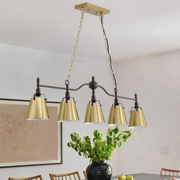 Gold Linear Chandelier with Flared Shades - Adjustable 5-Light Kitchen Island & Dining Room Pendant