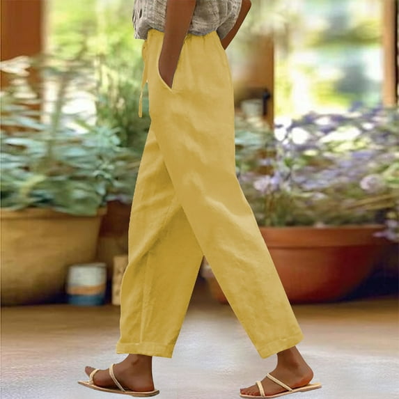 Gold Linen Pants Women Solid Straight Solid Elastic Pants Long Linen Women Waist Cotton Casual Slit Trouser Legs Pants Sweatpants Womens Fashion