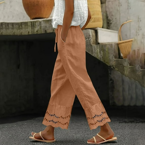 Gold Linen Pants Women Summer 2025 New Women's Casual Loose Fitting Waist and Ankle Patchwork Lace Cotton and Linen Pants