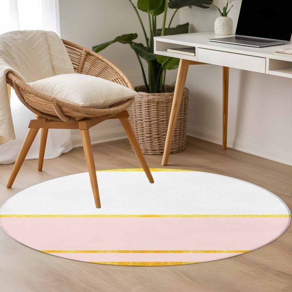 Gold Lines 3.3ft Round Rug for Bedroom Reading Corner, Pink Color Block Rectangular Geometric Modern Washable Non Slip Circle Area Rug