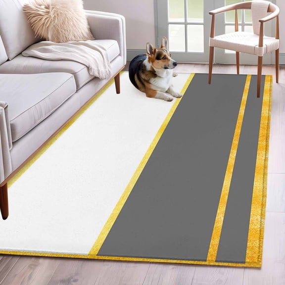 Gold Lines Area Rugs 4x6 ft Gray Color Block Rectangular Geometric Modern Washable Rug Non Slip Indoor Carpet Absorbent Floor Mat for Living Room Bedroom Dining Room