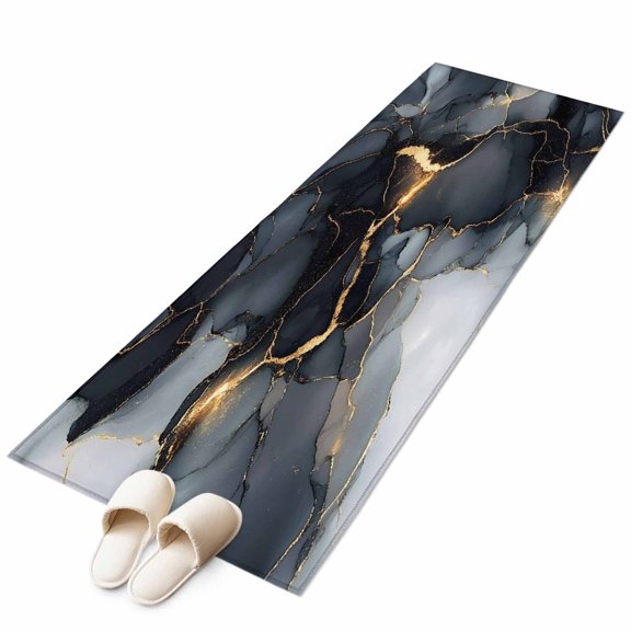 Gold Lines Black Marble Texture Non-Slip Non-Shedding Floor Mat, Gradient Abstract Art Washable Sturdy Carpet for Living Room Bedroom Home Decor