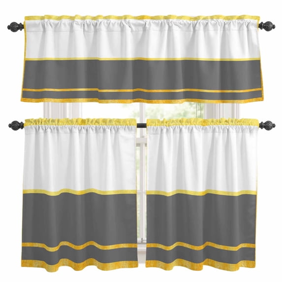 Gold Lines Kitchen Curtains Valances and Tiers Set of 3 Gray Color Block Rectangular Geometric Modern Tier Curtains and Valance with Rod Pocket for Small Windows, 27.5"x36"