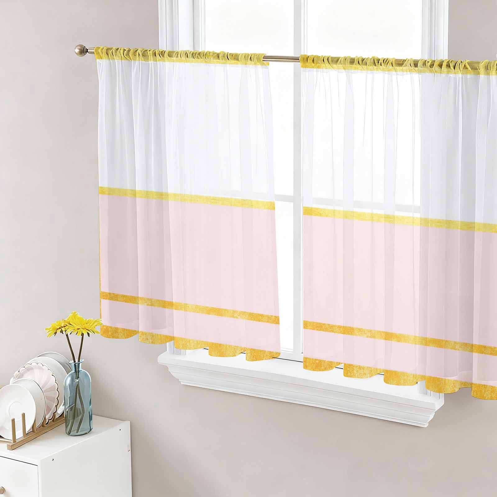 Rectangular Curtains Gold Lines Sheer Curtains for Living Room Bedroom, Pink Color Block ...
