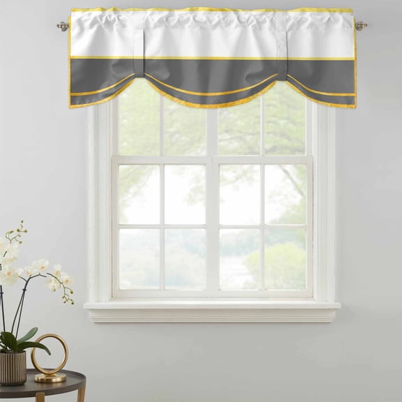 Gold Lines Tie Up Valances Curtain, Gray Color Block Rectangular Geometric Modern Adjustable Valance for Window Light Filtering for Kitchen and Bathroom Rod Pocket 1 Panel 42x18in