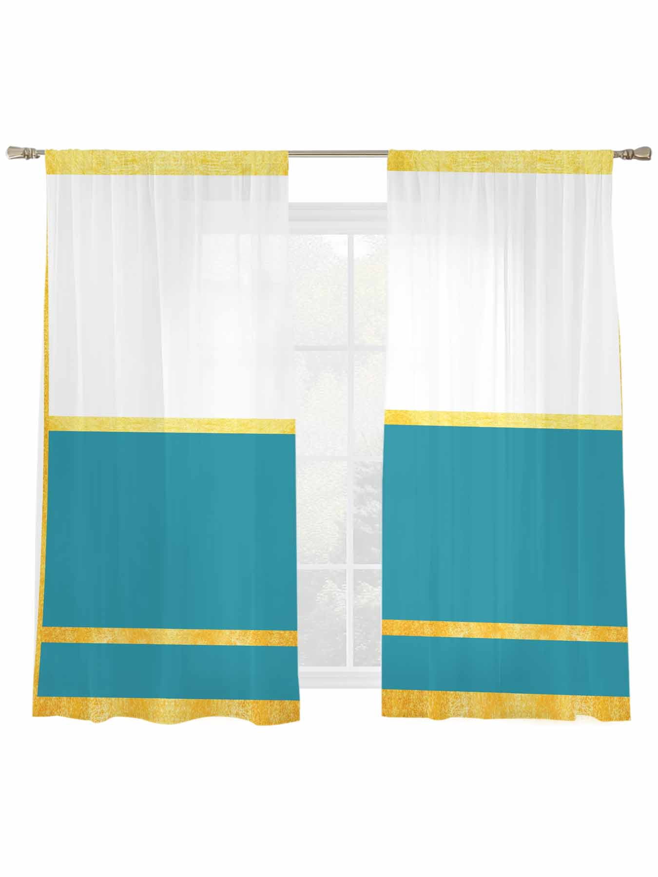 Rectangular Curtains Gold Lines Window Sheer Curtain Blue Color Block Rectangular Geometric ...
