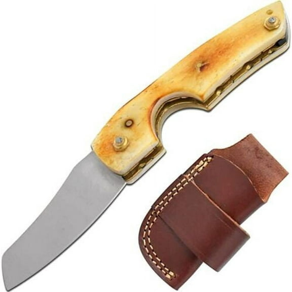 Gold Lining Cigar Cutter Knife Razor Sharp Bone Handle With Leather Sheath