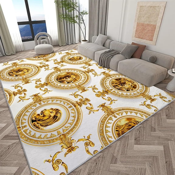 Gold Lion Area Rugs, Gold Animal Badge Lion Carpet, Washable Non Slip Low Pile Soft Rug for Living Room Bedroom Dining Room Decor Mat 2x3ft