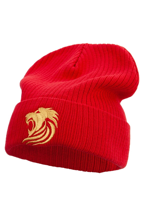 Gold Lion Embroidered Big Size Cuff Long Beanie - Red XL-3XL