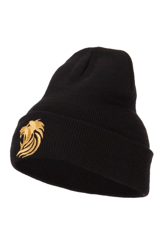 Gold Lion Embroidered Long Cuffed Beanie - Black OSFM