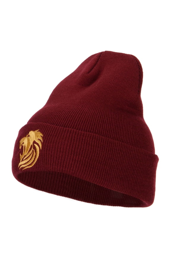 Gold Lion Embroidered Long Cuffed Beanie - Maroon OSFM