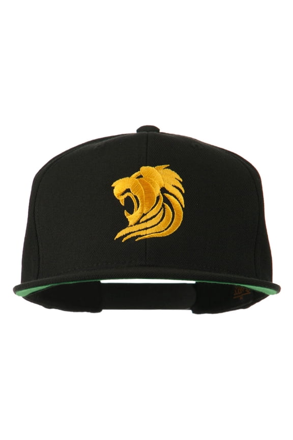 Gold Lion Embroidered Wool Snapback Cap - Black OSFM