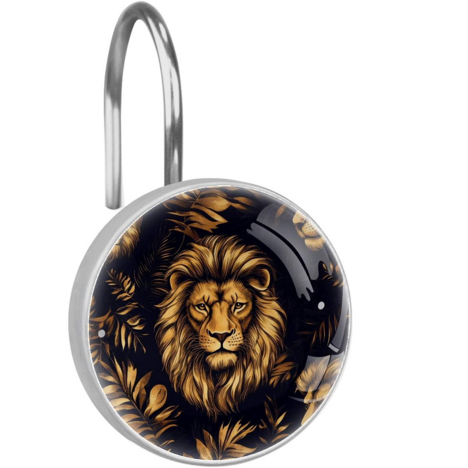 Gold Lions and Leaves Shower Curtain Hooks Round Crystal Glass, Set of 12 Shower Curtain Rings - Shower Hooks for Curtain Shower Rings