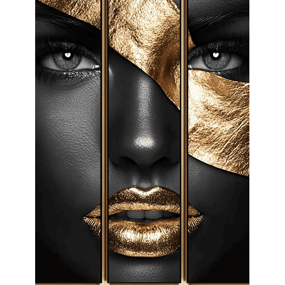 Gold Lips Black Woman Canvas Art Print Suitable for Living Room Bedroom Bathroom Office and Hotel Decoration.