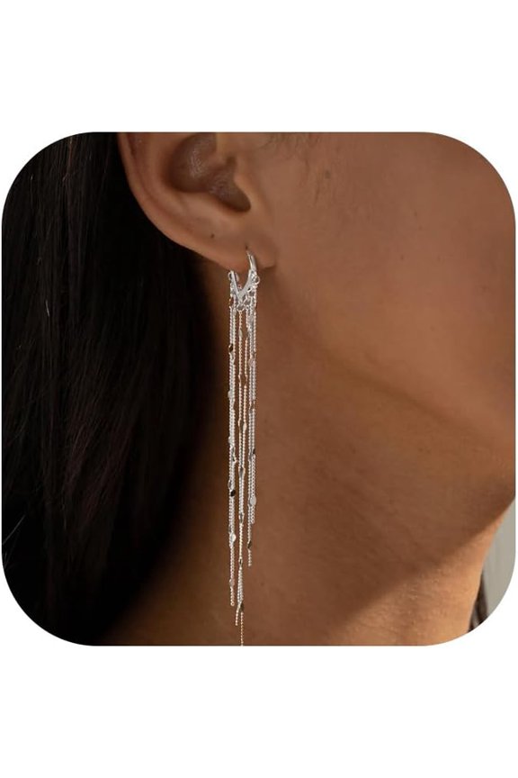 Gold Long Prom Earrings for Women, 14K Gold Plated Pearl Dangle Drop and Chain Tassel Threader Earrings Dangling,Rhinestone Zirconia Hypoallergenic Bride Party Prom Gold jewelry,Women Gifts