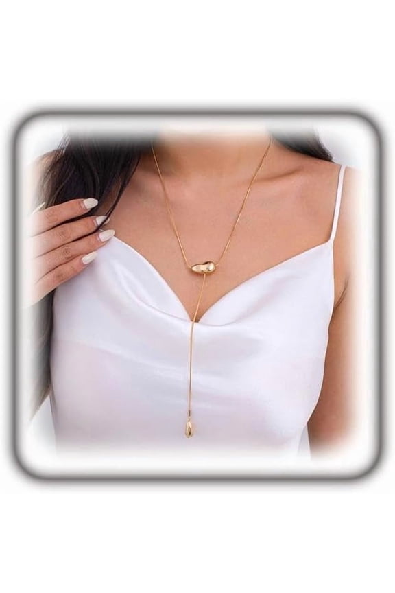 Gold Long Teardrop Pendant Y Necklace for Women, Vintage Adjustable Geometric Irregular Bead Choker Necklace Trendy Simple Sweater Chain Party Gifts